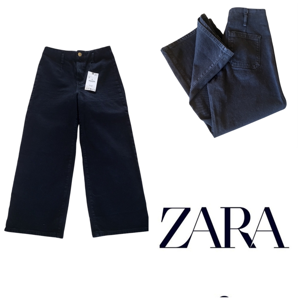 46B. NWT Zara High Rise Wide Leg Cropped Black Jeans - Size 6